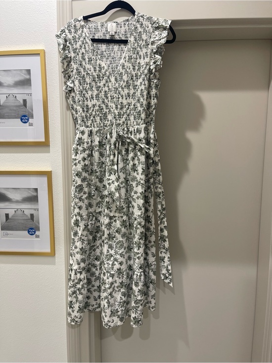 Dresses & Skirts - Floral Smocked Midi Dress - White with Sage Green Print